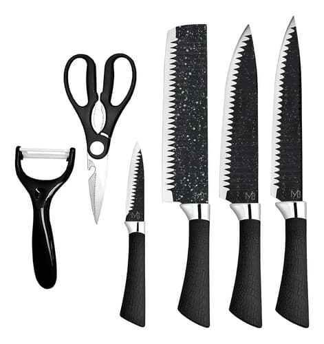 Kit Facas 6 Peças Cozinha Estojo Fino Chef Cutelo Tesoura Preto