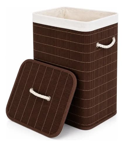 Cesto De Bambu Com Alças E Tampa 70l- Marrom - Marrom-escuro Lisa